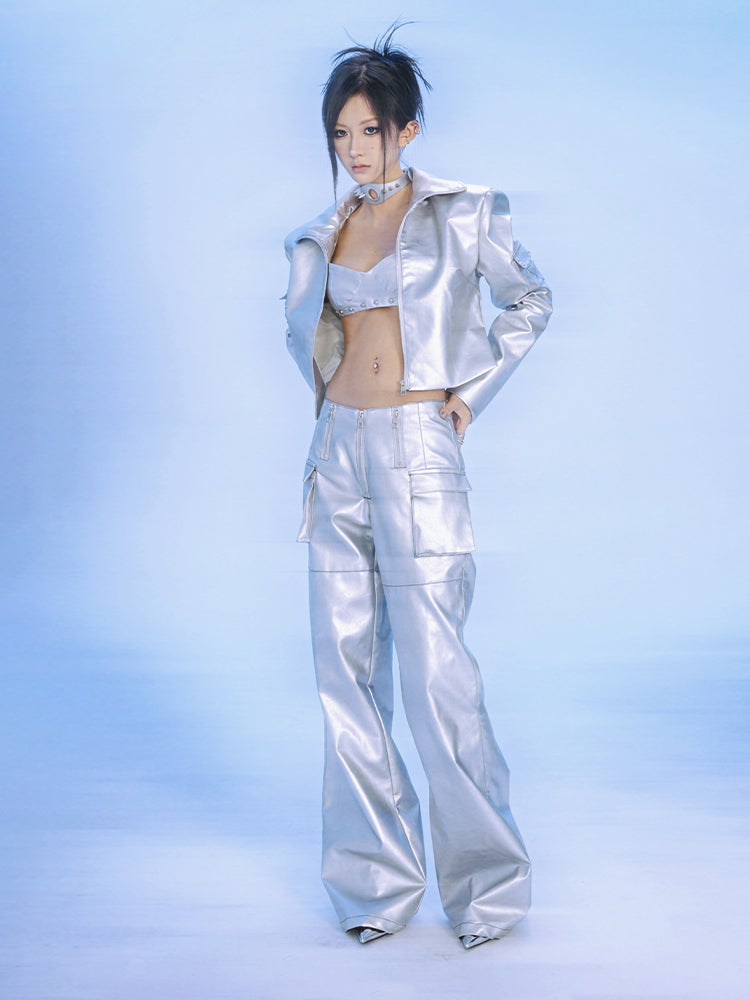 【24s Jun.】Cyberpunk Silver Metallic Leather Jacket with Corset