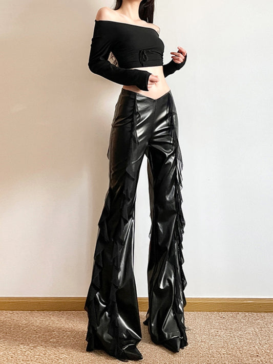 【24s Jun.】Lace Edge Irregular Leather Flared Pants