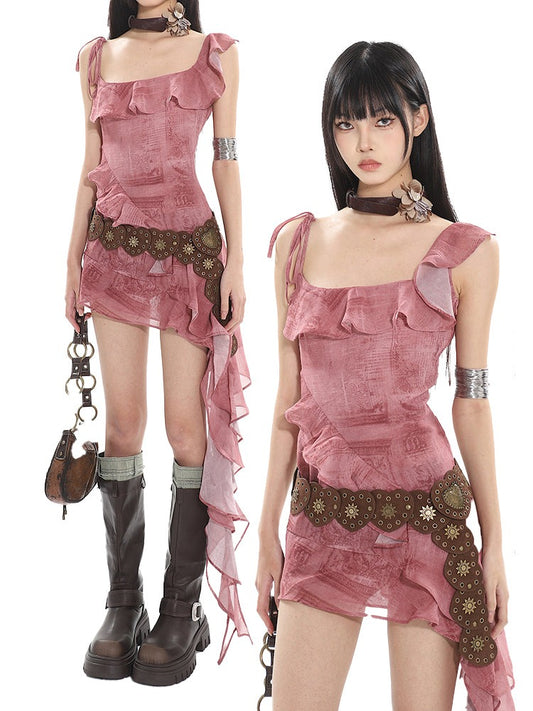 【24s July.】Printed Ruffled Suspender Dress