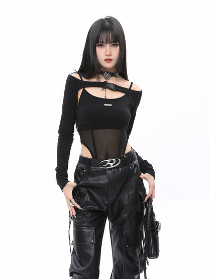 【24s Mar.】Unique Hollow Out Mesh Splicing Top