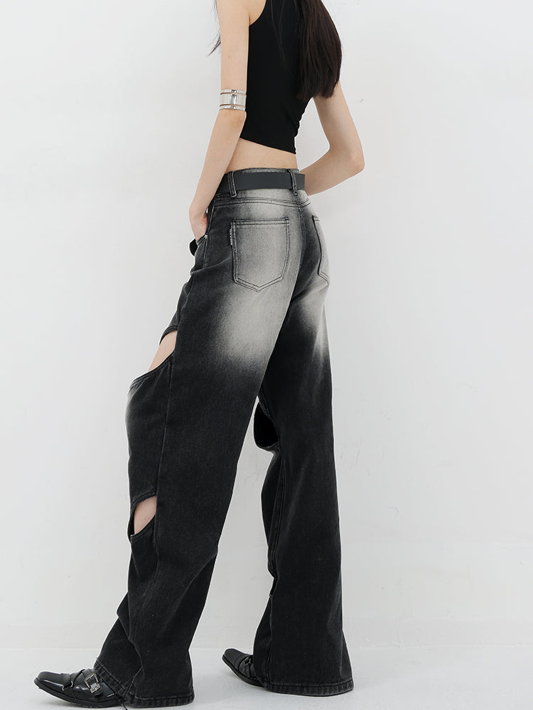 【24s Jun.】Black Vintage Washed Ripped Wide-Leg Jeans