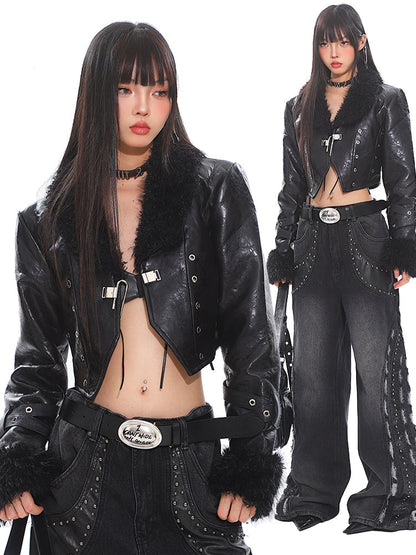 【25s Feb.】Faux Fur Short Leather Jacket