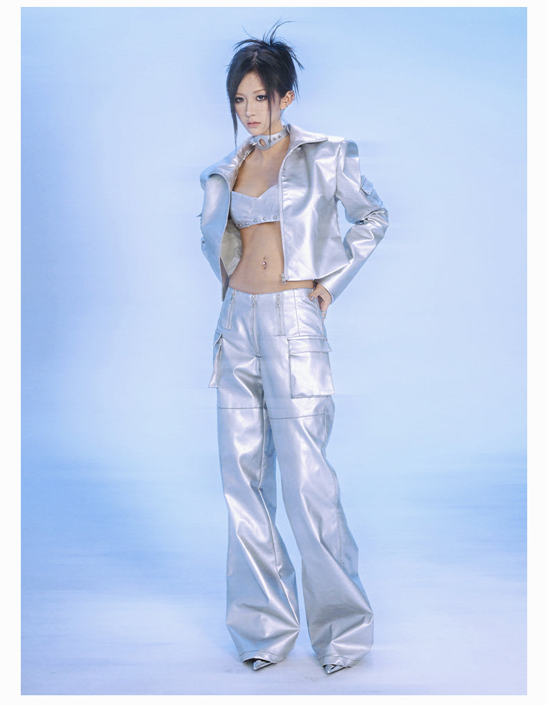 【24s Jun.】Cyberpunk Silver Metallic Leather Jacket with Corset