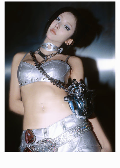 【24s Jun.】Cyberpunk Silver Metallic Leather Jacket with Corset