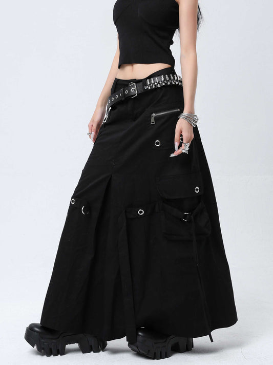 【24s Mar.】Black Metal Buckle Utility Pocket Midi Skirt