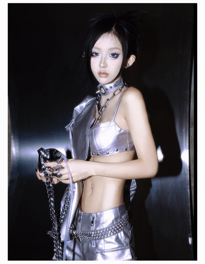 【24s Jun.】Cyberpunk Silver Metallic Leather Jacket with Corset