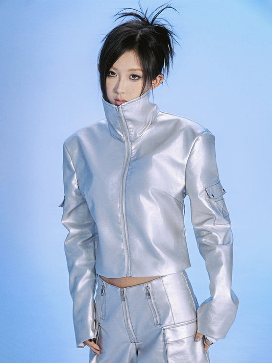 【24s Jun.】Cyberpunk Silver Metallic Leather Jacket with Corset