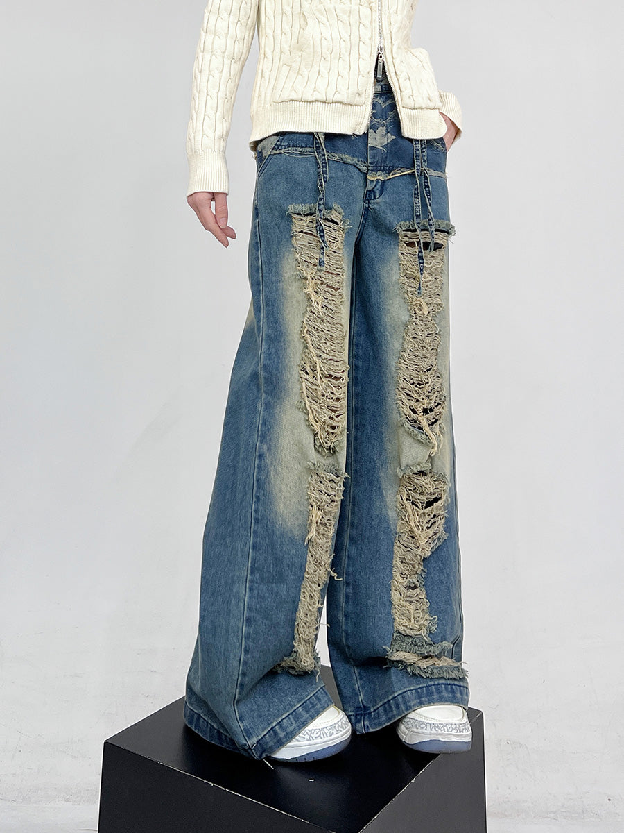 【24s Mar.】Butterfly Distressed High-Waist Wide-Leg Jeans