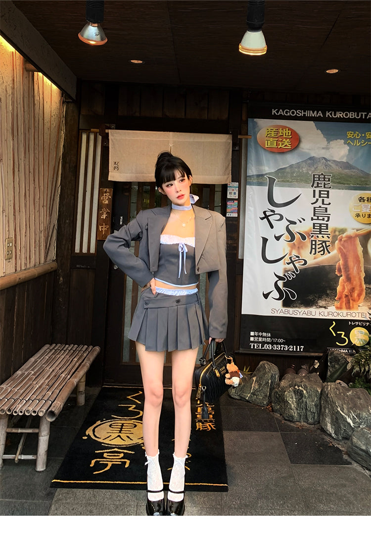 【24s Sep.】Preppy Style Blazer Tube Top Miniskirt Set