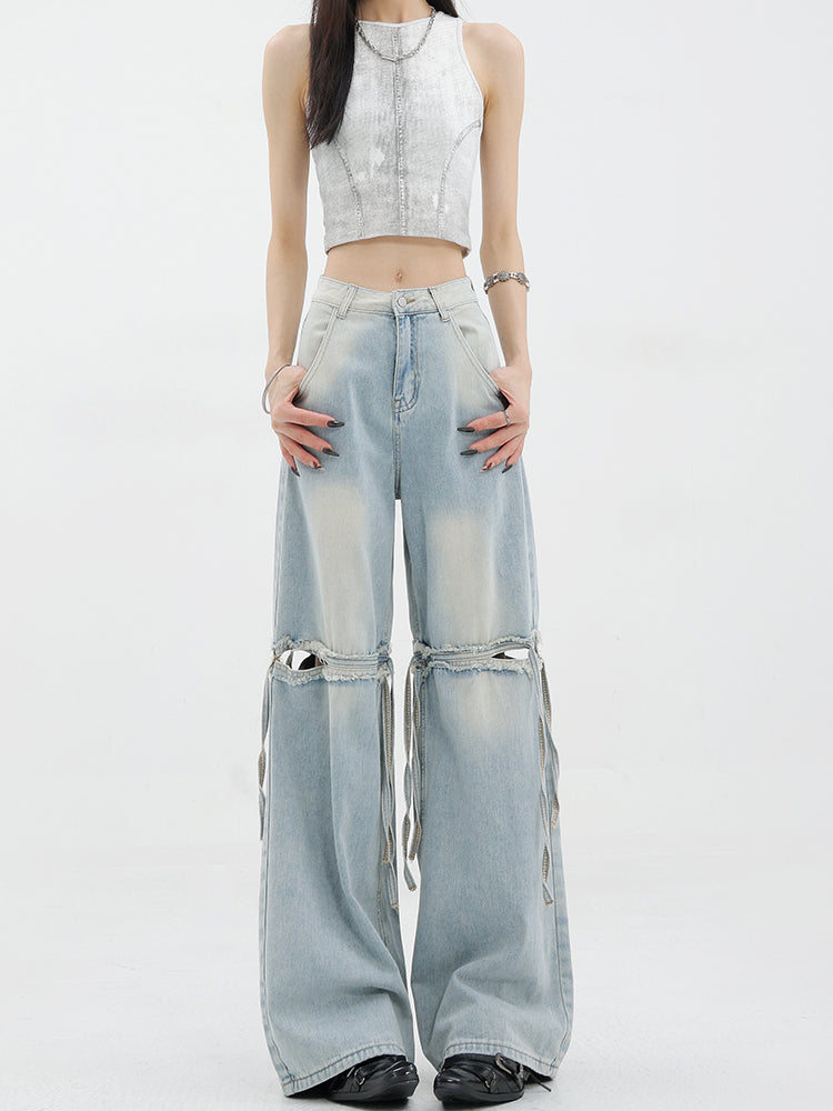 【24s Jun.】Washed Ribbon Patchwork Ripped Loose Wide-Leg Jeans