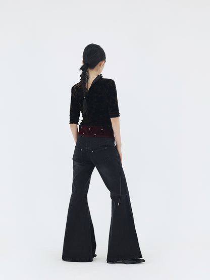 【24s May.】patchwork Rivet Strap Flared Trousers