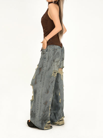 【24s May.】Tie-dye Vintage Ripped Wide-leg Jeans