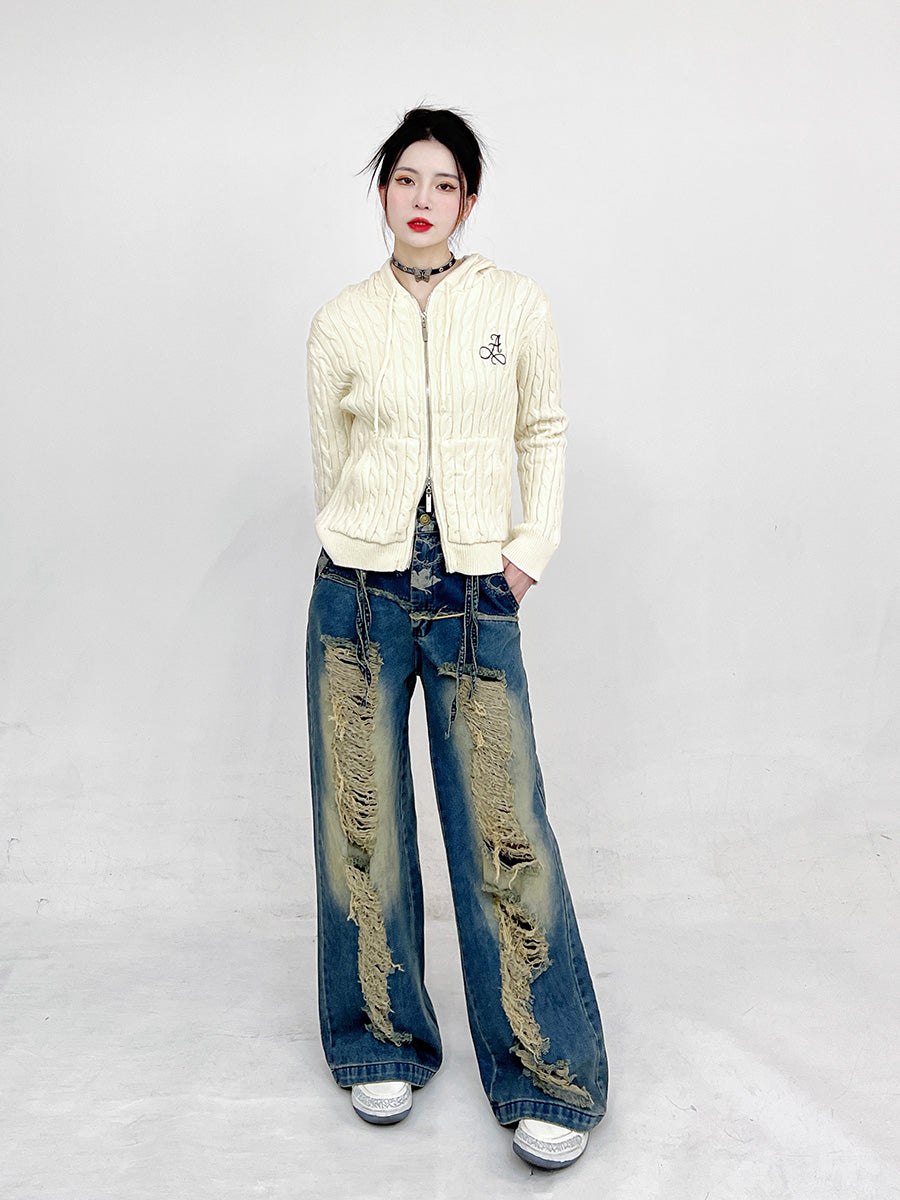 【24s Mar.】Butterfly Distressed High-Waist Wide-Leg Jeans