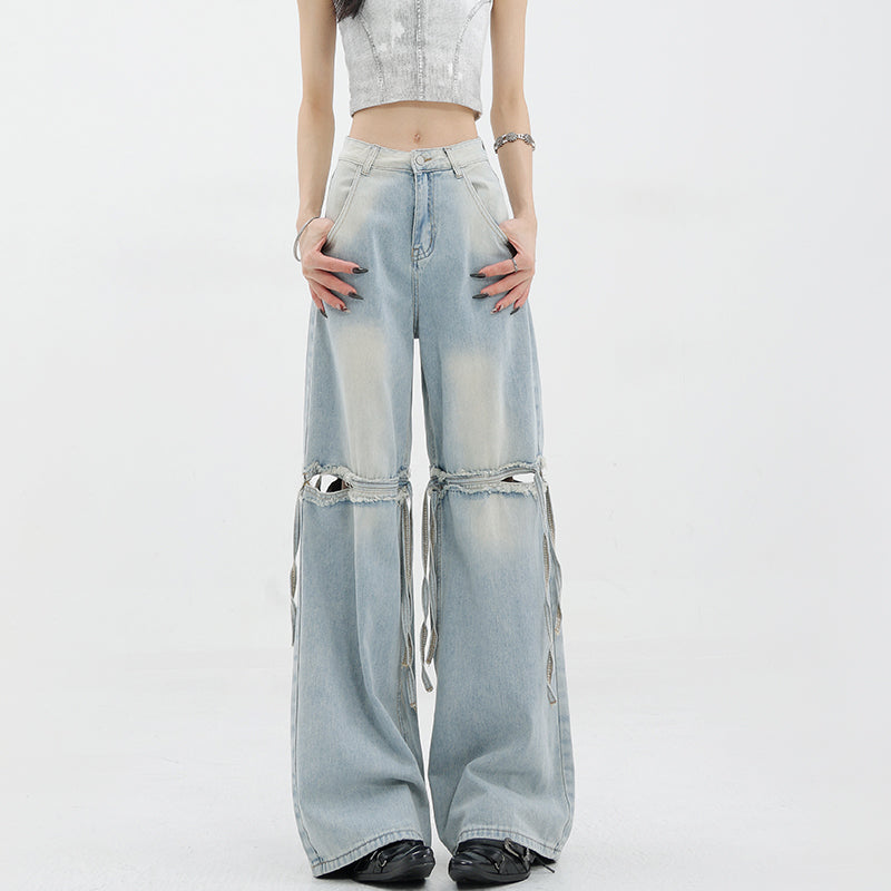 【24s Jun.】Washed Ribbon Patchwork Ripped Loose Wide-Leg Jeans