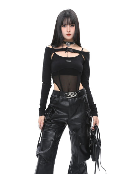 【24s Mar.】Unique Hollow Out Mesh Splicing Top