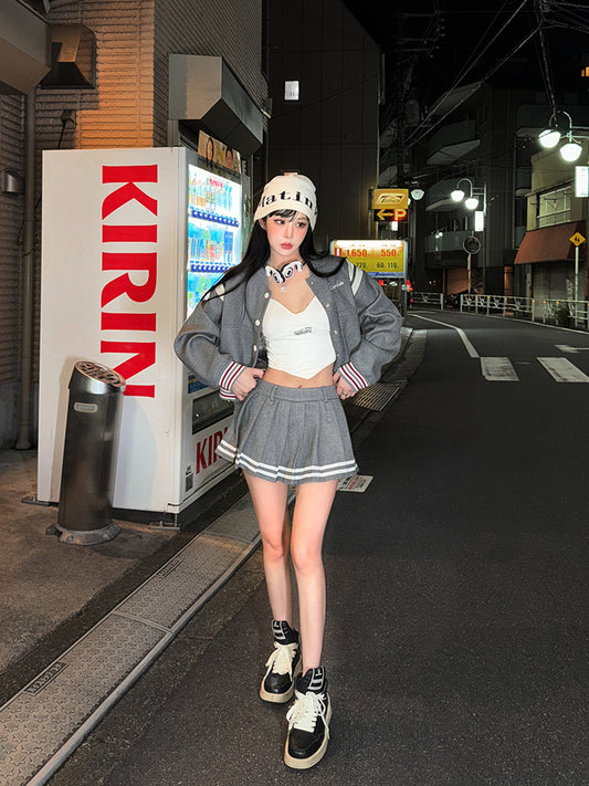 【24s Sep.】Preppy Style Short Baseball Jacket Pleated Skirt Suit