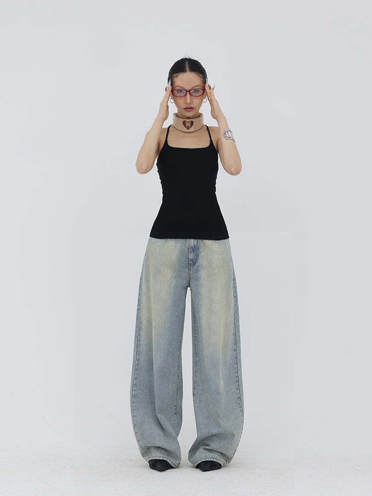 【24s May.】Distressed washed wide-leg jeans