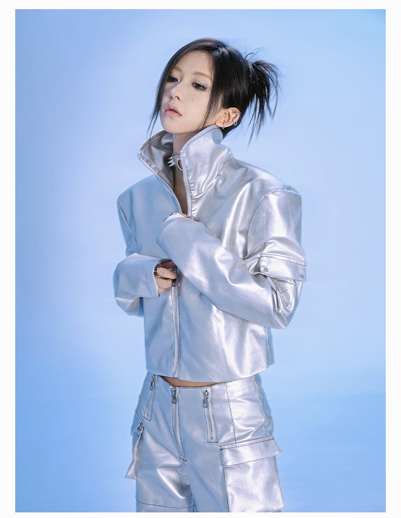 【24s Jun.】Cyberpunk Silver Metallic Leather Jacket with Corset