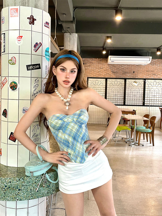 【24s Jul.】Plaid Bustier Top with Padding 2024 Summer