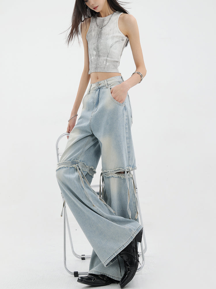 【24s Jun.】Washed Ribbon Patchwork Ripped Loose Wide-Leg Jeans