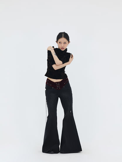 【24s May.】patchwork Rivet Strap Flared Trousers