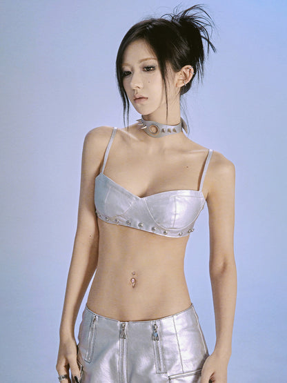 【24s Jun.】Cyberpunk Silver Metallic Leather Jacket with Corset