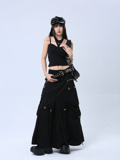 【24s Mar.】Black Metal Buckle Utility Pocket Midi Skirt