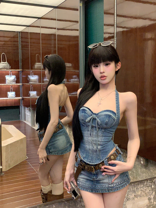 【24s Jul.】Denim Halter Top and Skirt Set 2024 Summer