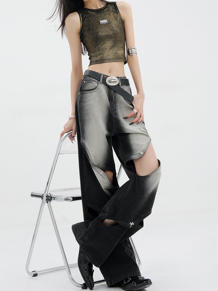 【24s Jun.】Black Vintage Washed Ripped Wide-Leg Jeans