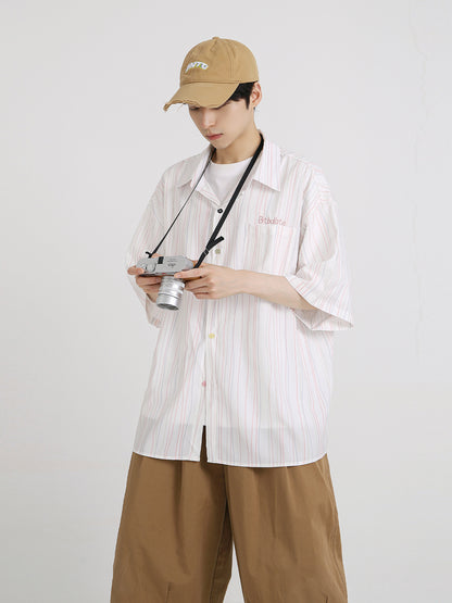 【24s Aug.】Embroidered Lettering Striped Short-sleeved Shirt