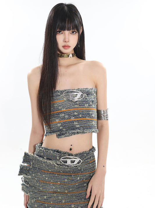 【24s Apr.】Washed Denim Tube Top + Skirt