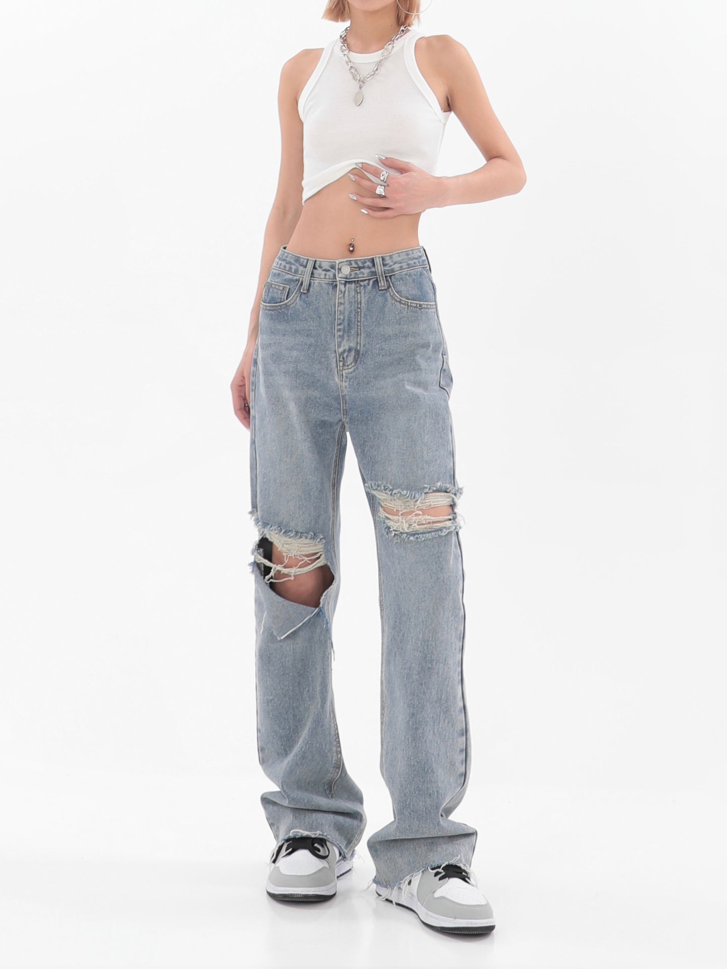 【23s July】Washed Distressed Denim Jeans