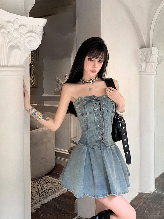 【24s July.】Strapless Waist Cinched Denim Dress