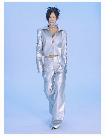 【24s Jun.】Cyberpunk Silver Metallic Leather Jacket with Corset