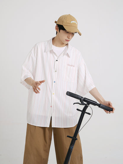 【24s Aug.】Embroidered Lettering Striped Short-sleeved Shirt