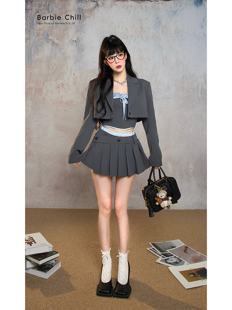 【24s Sep.】Preppy Style Blazer Tube Top Miniskirt Set